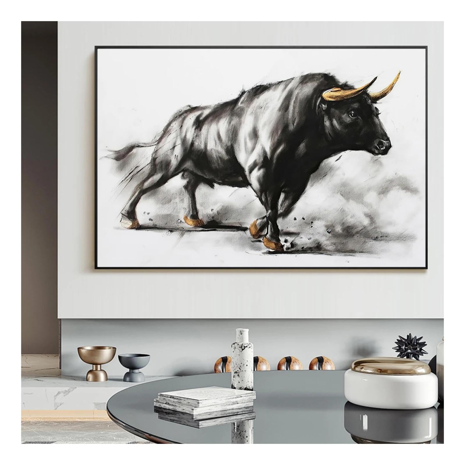 KQZVCU Pintura en lienzo de toro negro de animales, carteles e impresiones de corrida de toros, imágenes artísticas de pared, decoración del hogar para sala de estar, 60x80cm con marco
