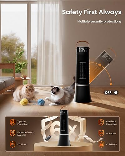 Miniatura 6 de Calentadores de espacio para uso en interiores, calentador eléctrico portátil de 24 pulgadas con termostato y control remoto, 12 piess, temporizador