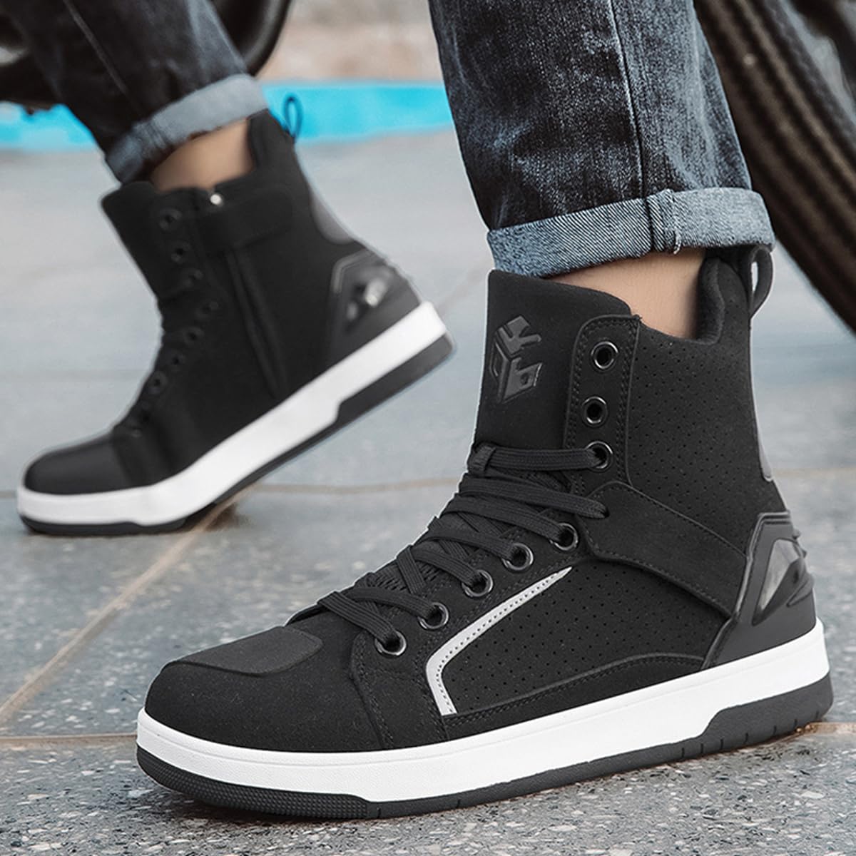 SDEQA Scarpe Moto Uomo Stivali da Motocross Strada Casual | Traspirante Antiscivolo Supporto per La Caviglia Suola Antiscivolo Impugnatura del Cambio