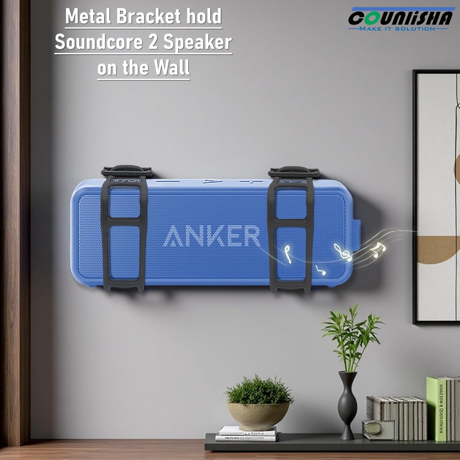 Metal Wall Mount Compatible for Anker Soundcore 2 Portable Bluetooth Speaker,Secure Shelf Holder with Adjustable Silicone Straps, Speaker Wall Bracket for Ceiling,Bike (Black) - Image 2