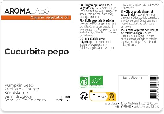 ORGANIC - PUMPKIN SEED Oil - 100mL - 100% Pure, Natural, Cold Pressed and AB Certified - AROMA LABS (French Brand)