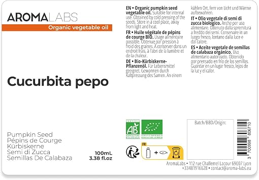 ORGANIC - PUMPKIN SEED Oil - 100mL - 100% Pure, Natural, Cold Pressed and AB Certified - AROMA LABS (French Brand)