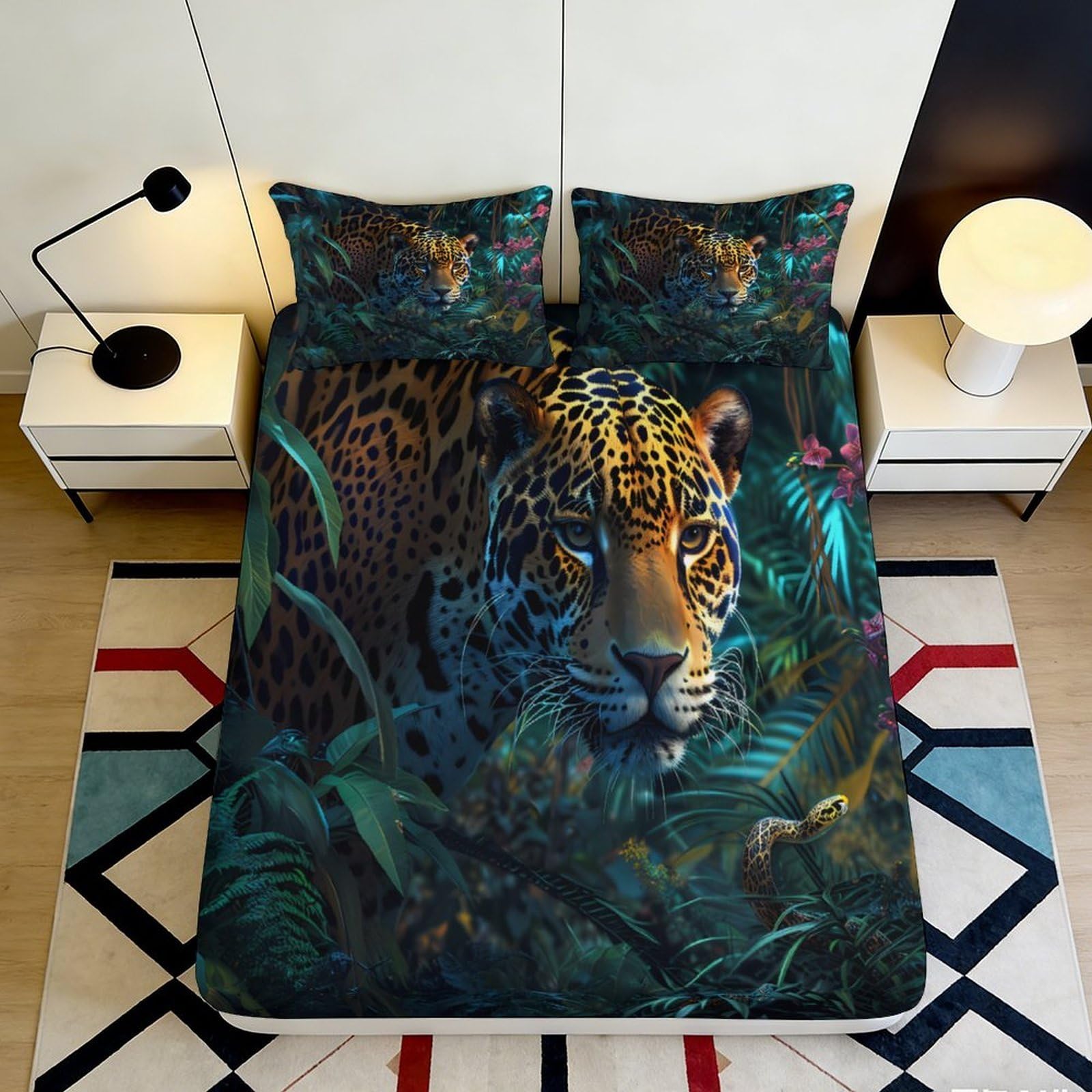 3D Printed Jungle Leopard Fitted Sheet Microfiber Soft Breathable Rainforest Mattress Cover for Bedroom Decor 90x200x25cm