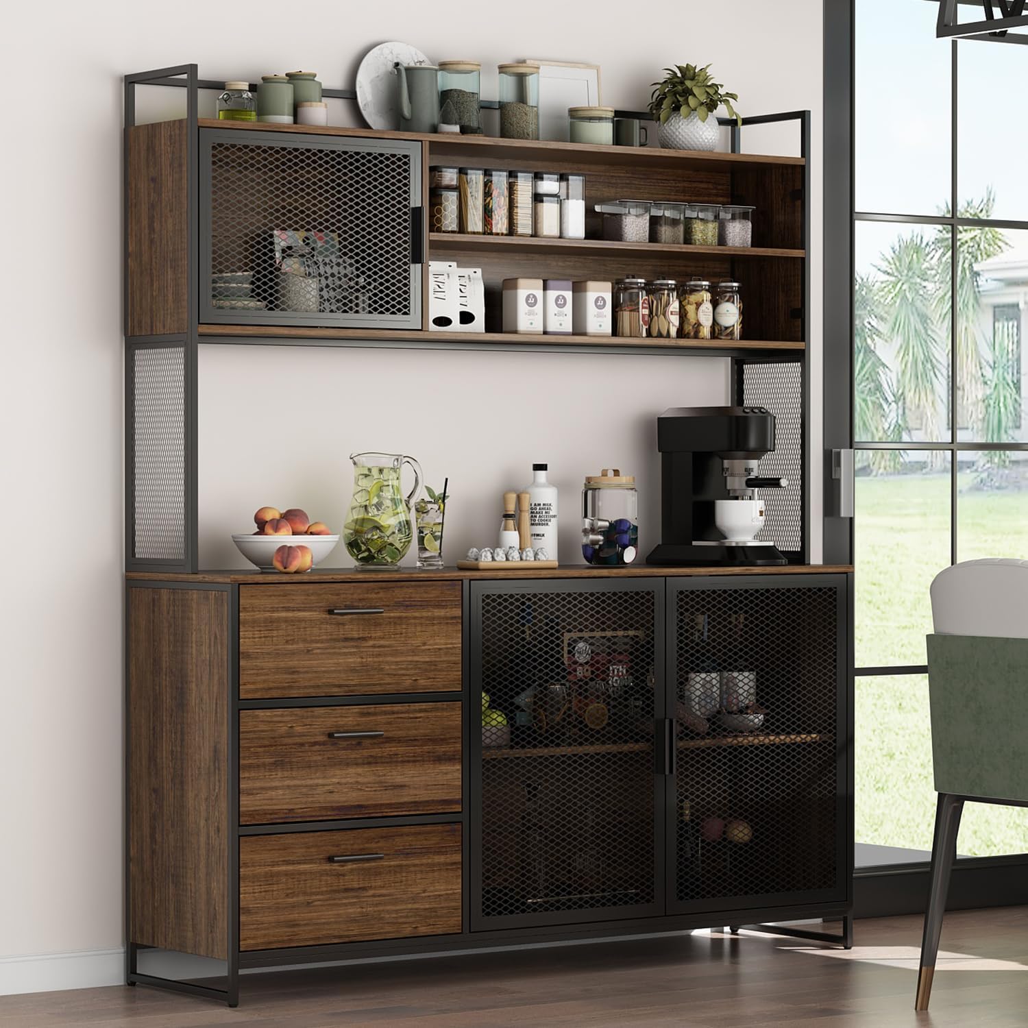 AIEGLE Large Kitchen Hutch Pantry Cabinet, Storage Kitchen Pantry in Metal Frame, Storage Cupboard with Metal Mesh Door, 6 Drawer & Microwave Shelf, for Kitchen Living Room, Brown 70.9" Wide