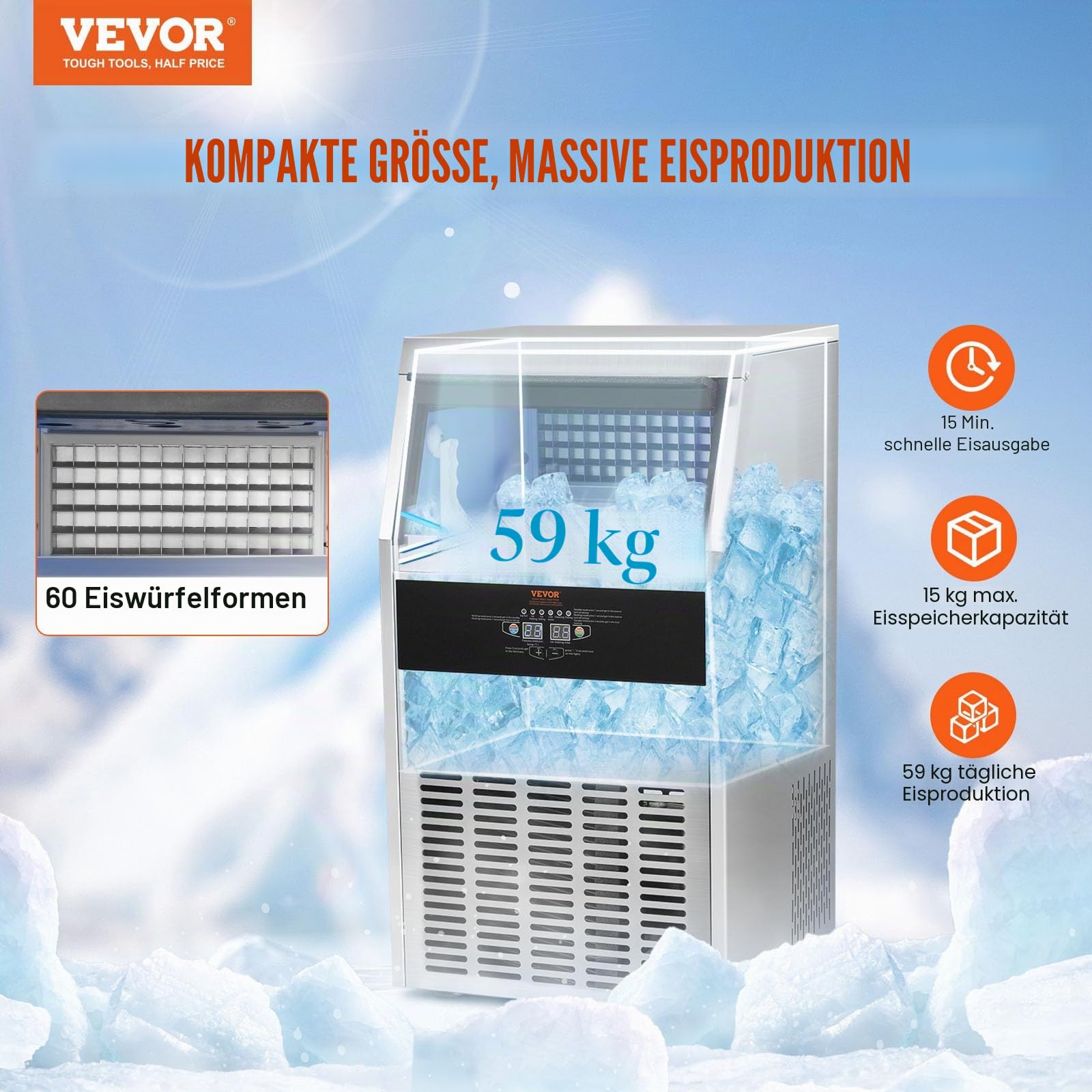 VEVOR Kommerzieller Eiswürfelbereiter Eismaschine 56 kg / 24 h, Leichte Würfeleismaschine 15 kg Eisspeicherkapazität 60 Stk. Eiswürfel, Edelstahl Eiswürfelbereiter inkl. Wasserfilter & Eisschaufel