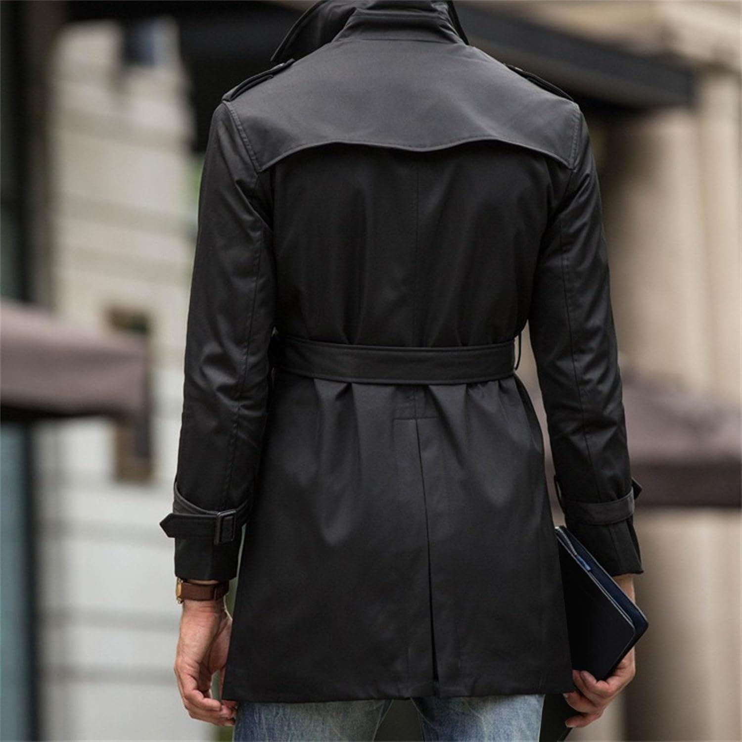 Maiyifu-GJ Men's Double Breasted Trench Coat Mid-Long Jackets Notched Lapel Belted Windbreaker Casual Fall Overcoat