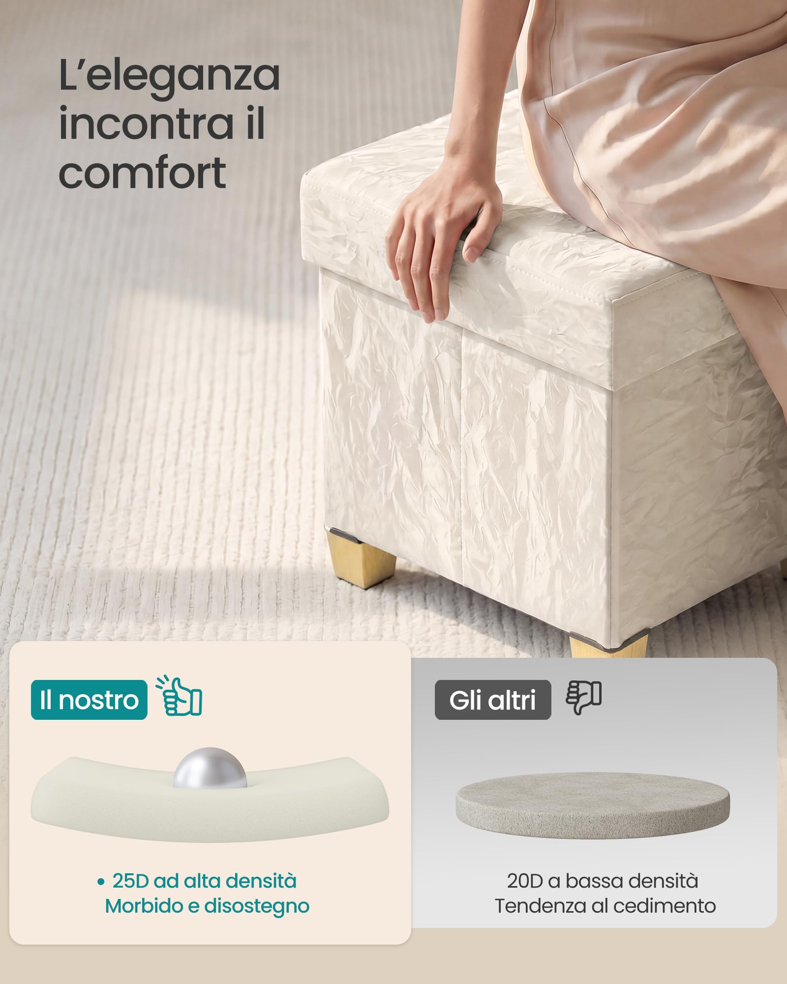 SONGMICS Pouf Contenitore, in Pelle Sintetica, Sgabello Poggiapiedi Pieghevole, Portata 300 kg, 110 x 38 x 40 cm, per Camera da Letto e Ingresso, Bianco Crema, Collezione Minota LSF524WD01