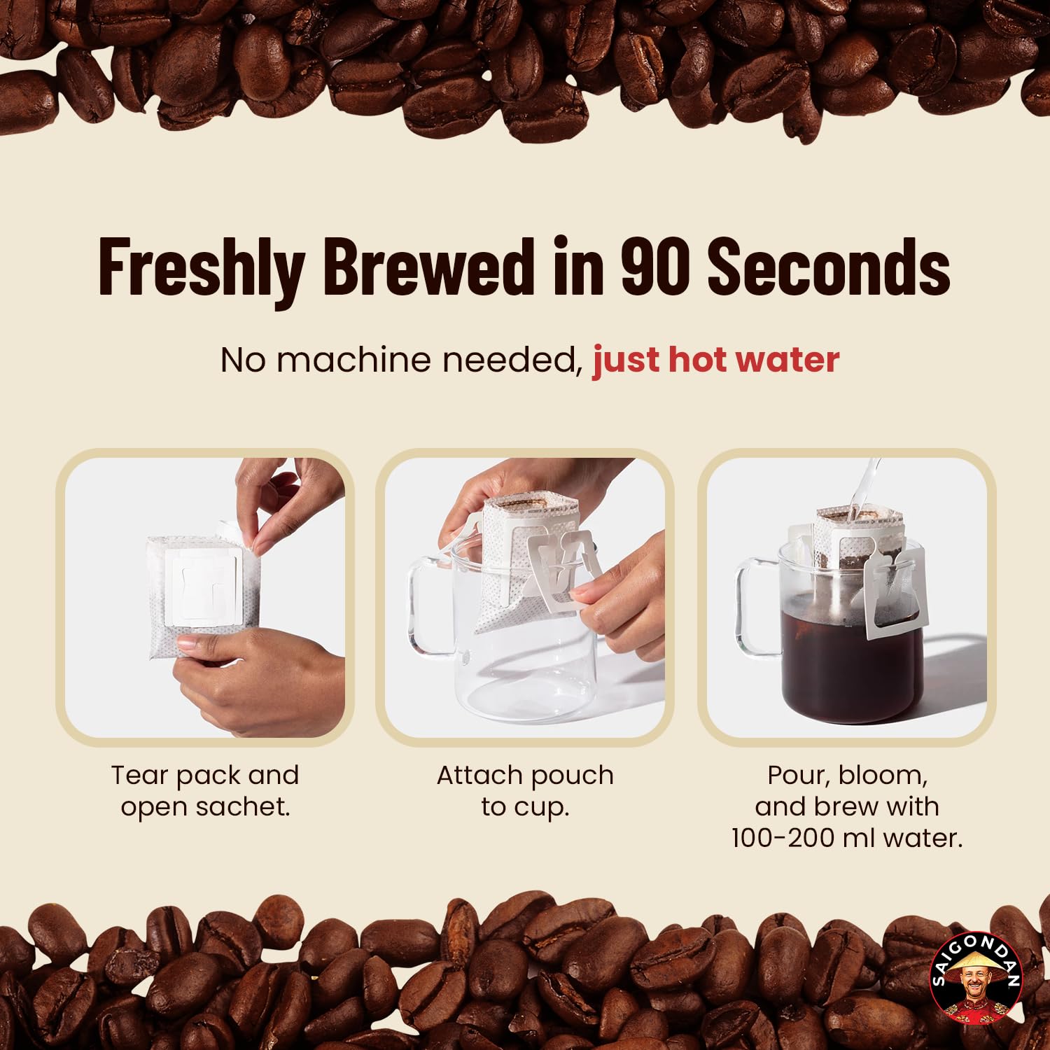 Mindful Pour Over Vietnamese Coffee – Saigondan Single Serve Coffee Sachets | Dark Roast 85% Robusta, 15% Arabica | Instant Specialty Coffee for Travel & Camping | Vietnam Style Roast (18 Sachets)