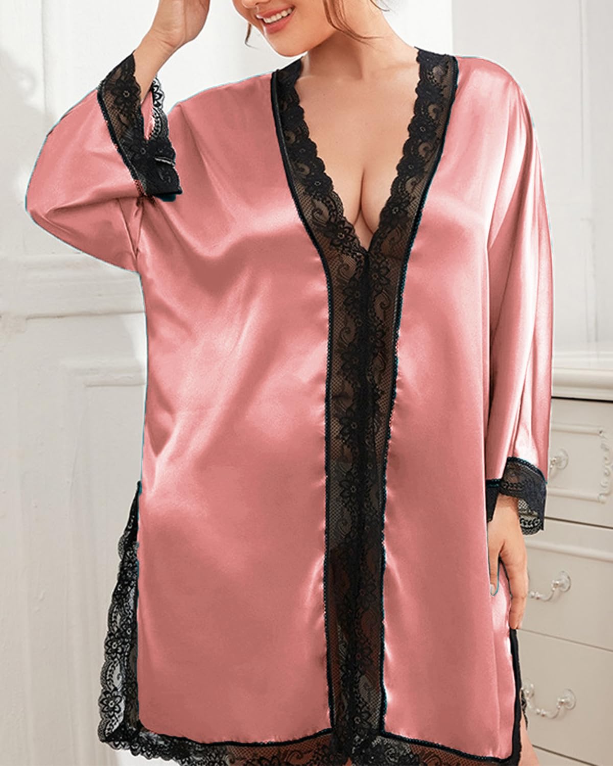 Rayson Camicia da Notte Donna Taglia Forte Manica Lunga Raso Sexy Casual Semplice Simulazione Seta Pigiama Loungewear