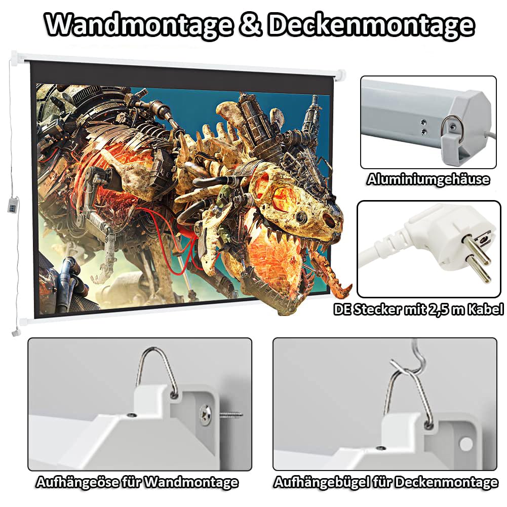 INMOZATA Beamer Leinwand Elektrisch 72 Zoll/ 166x124cm 4:3 Motorleinwand | Elektrische Leinwand Deckenmontage & Wandmontage, Projektor Leinwand Beamer mit Fernbedienung für Heimkino Büro, Weiß