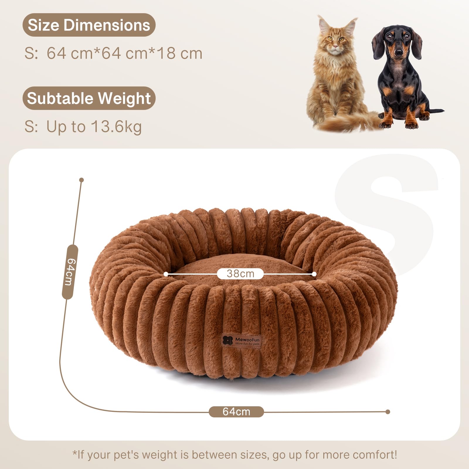 MEWOOFUN Camas para gatos de interior, cama lavable y esponjosa para mascotas con parte inferior antideslizante, cama redonda calmante para cachorros y gatos pequeños (marrón, 64 x 64 x 18 cm)