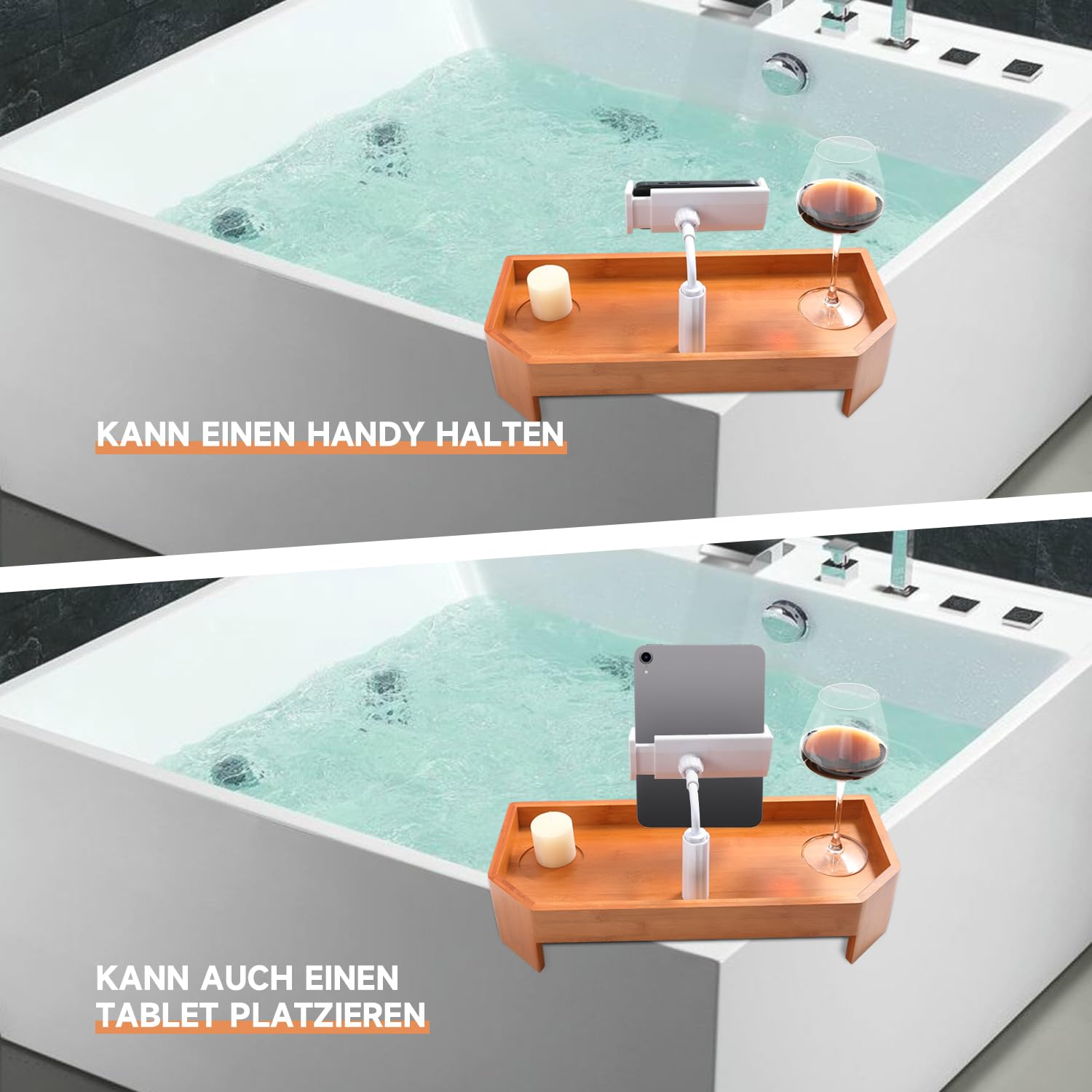 Eco Pooltech Spa Geschenkset Frauen, Badewannenablage aus Bambus Entspannung Geschenk für Frauen Männer rutschfeste Whirlpool Tisch mit Getränkehalter & Handyhalter Spa Set
