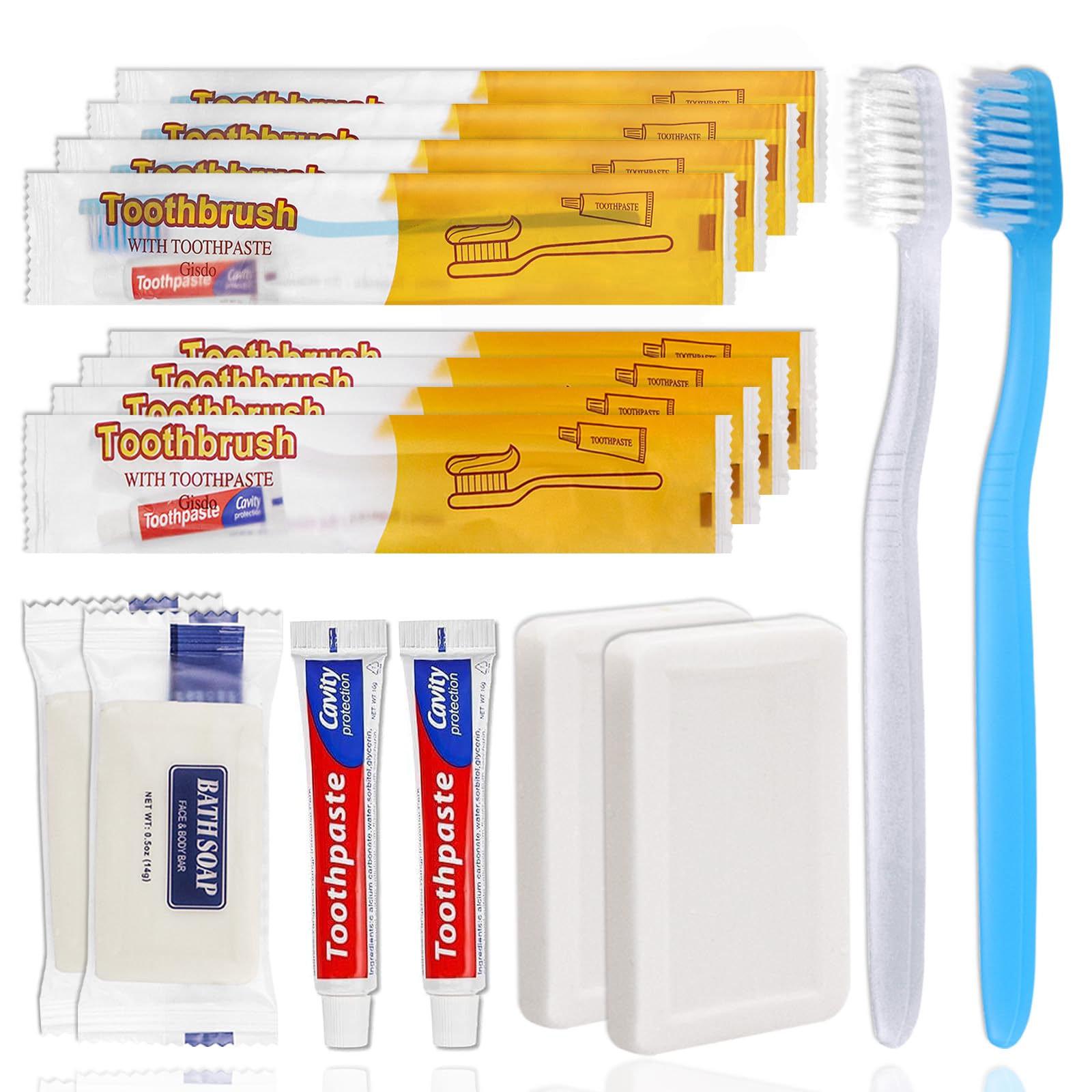 50 confezioni di spazzolini da denti usa e getta con sapone dentifricio confezionati singolarmente, 2 colori, barretta di sapone da 0,5 oz Dimensione viaggio hotel