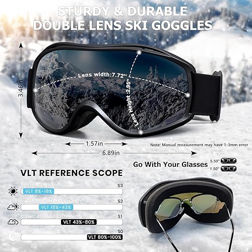 Miniatura 9 de FMY Gafas de esquí y snowboard OTG, protección UV400, anti niebla, gafas de esquí para motos de nieve para hombres, mujeres y jóvenes