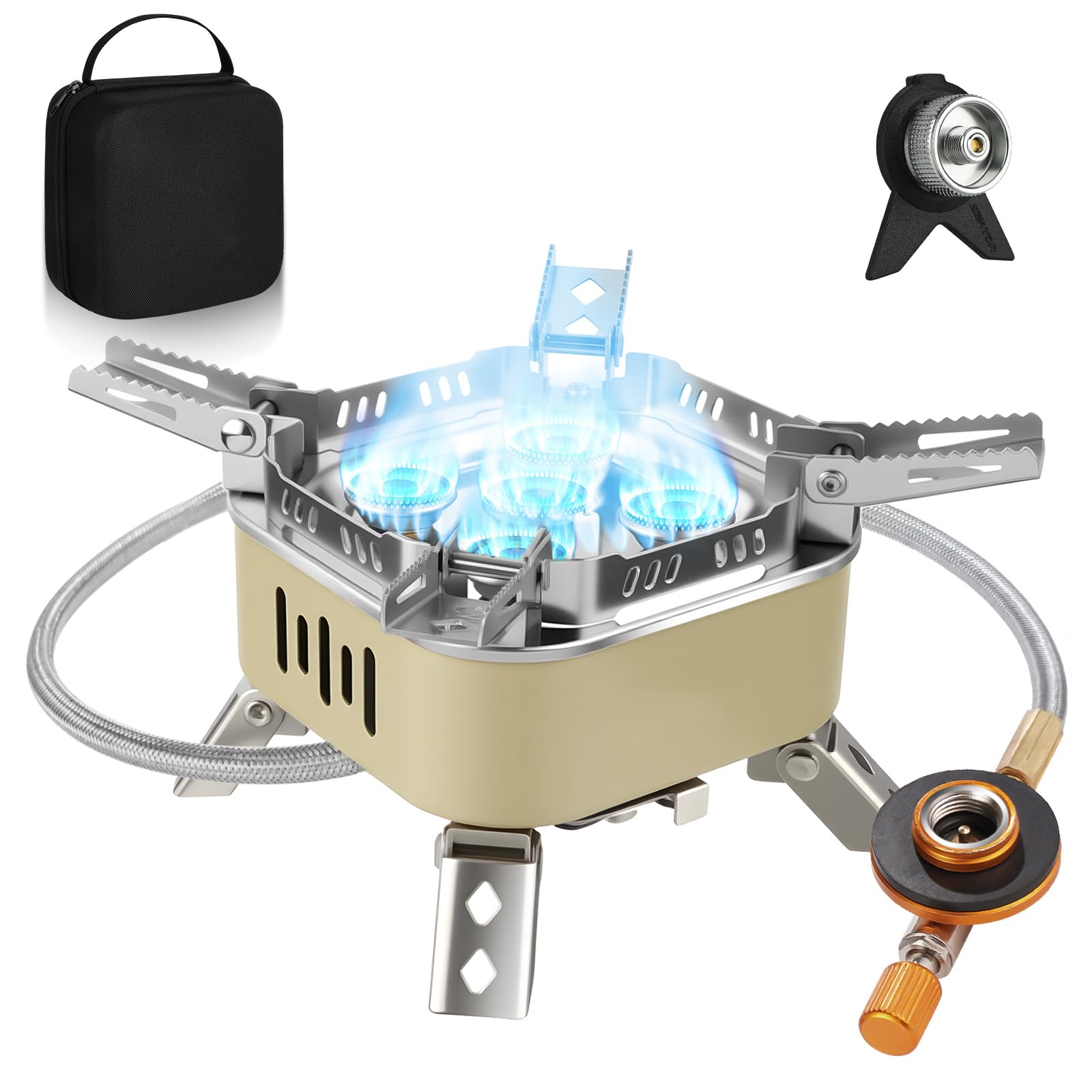 Adiwo 15800w Fornello da Campeggio, Pieghevole Gas Camping Stove Migliorato con 5 Bruciatori, Accensione Piezoelettrica e Borsa Portaoggetti, Mini Stufa da Campeggio Antivento(Cachi)