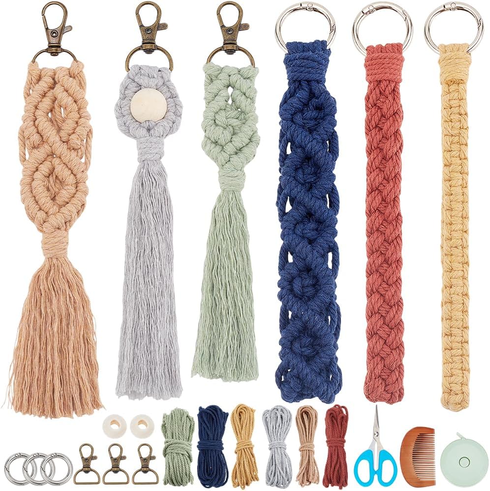 INFUNLY 6 Set DIY Macrame Boho Keychain Kits Cotton Macrame Keychain Kit for Women Charm Gift Handcrafted Aesthetic Tassel Macrame Keychain for Strap Phone Bags Macrame Adults Beginners