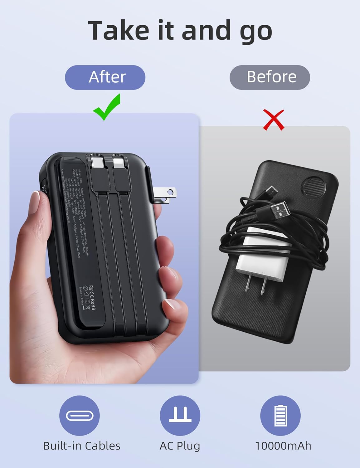 RORRY Portable Charger showing built-in cables and AC plug
