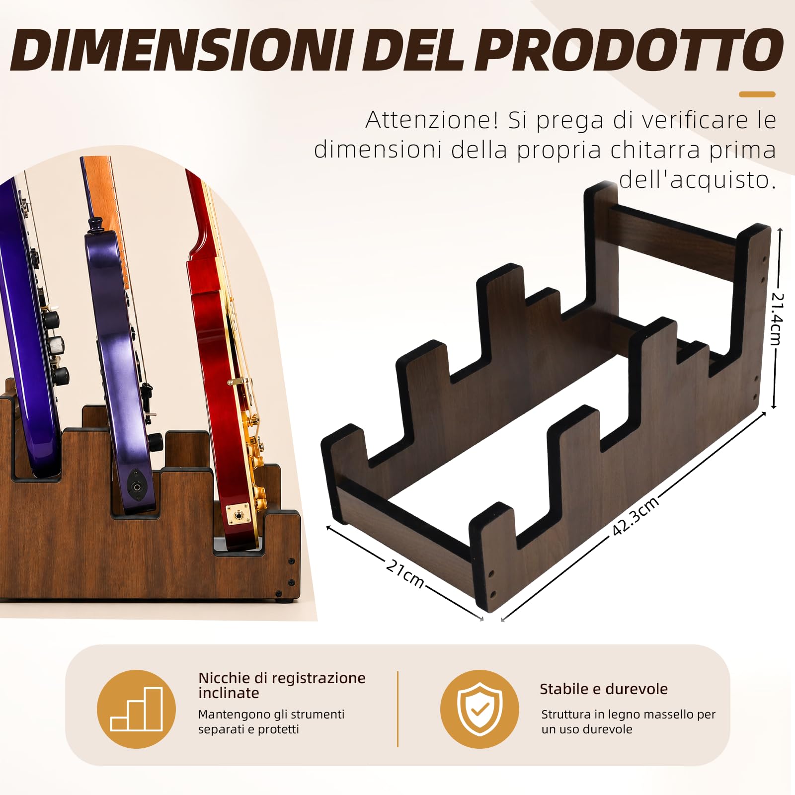 Supporto per chitarra in legno per 2 chitarre elettriche + 1 acustica | Legno massello, livelli scalati, ampia rientranza per chitarra acustica, imbottitura, antiscivolo, risparmio spazio