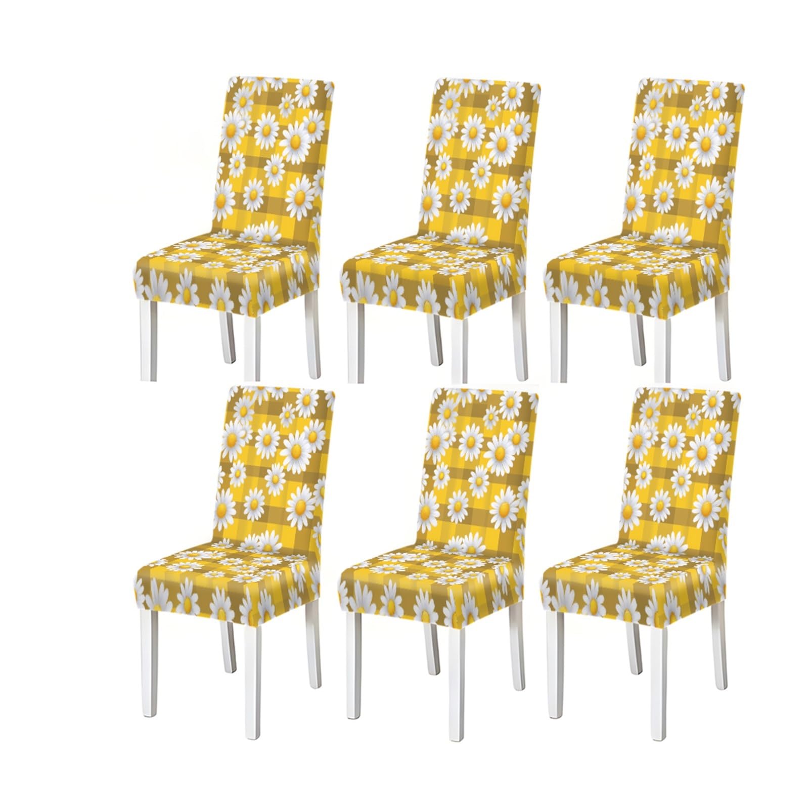 Bosuybn One Color Yellow Plaid Daisy Floral Pattern Print Dining Chair Covers Set Of 2/4/6, Stretch Slipcovers For Kitchen Dining Room Furniture Protectors For Home Dining Room(6Pcschair Cover)
