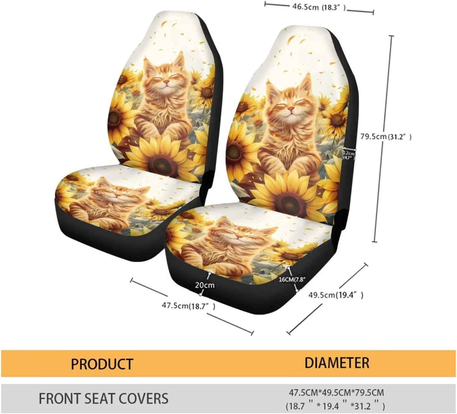 Talayituse Cat Sunflower Print Car Seat Covers for Front Seats 2 Pack Washable Auto Cushion Protector Universal Fit Most Truck SUV Van Sedan Car Interior Accessories