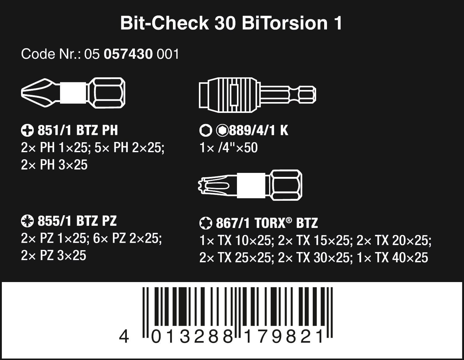 Wera 05057430001 Assortimento di Bit, Set di 30 Pezzi, Multi-colour
