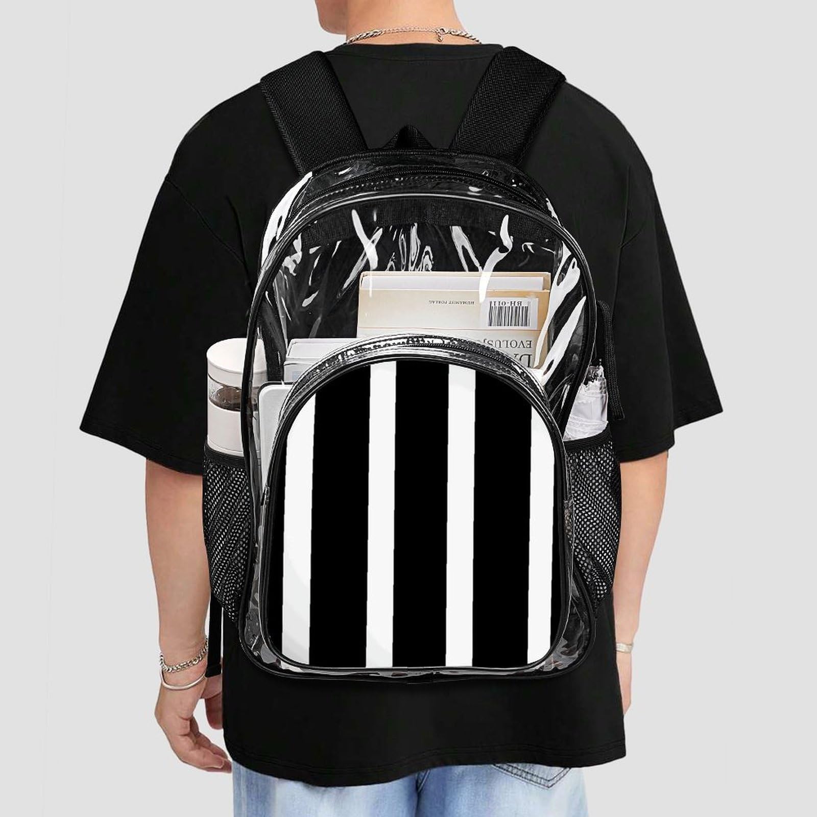 Rucksack, gestreift, transparent, PVC, für Sicherheit, Arbeit, Reisen, Stadion, Schwarz / Weiß