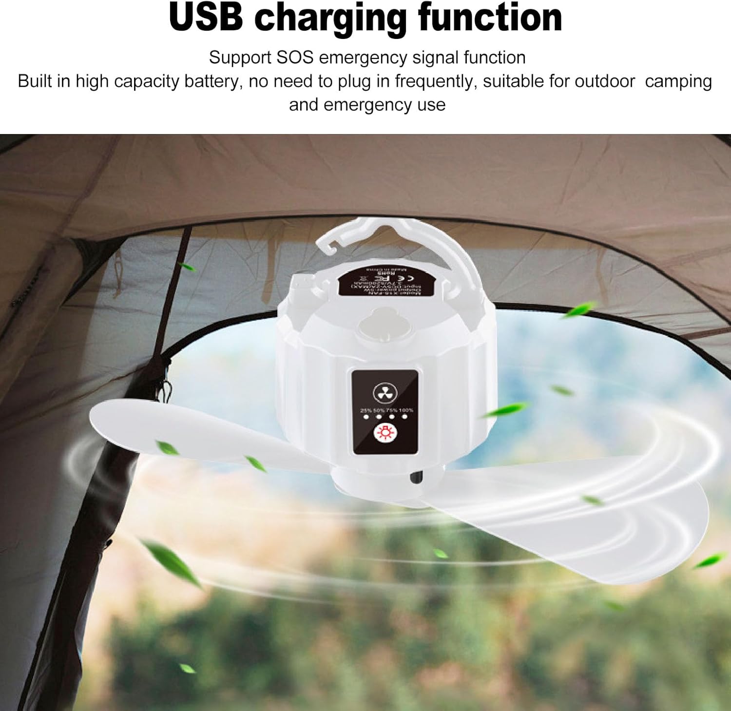 USB Powered Ceiling Fan, Portable Rechargeable Tent Fan with LED Light, 3 Speed Settings, Remote Control - Quiet Brushless Motor, USB Charging, Ideal for Camping and Use