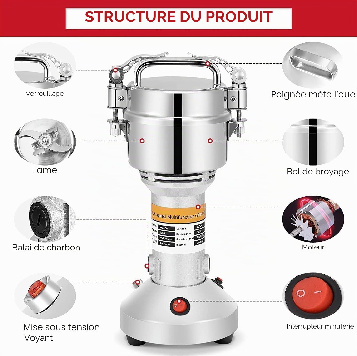 Moulin à Céréales Électrique, PaNt 500g Haute Vitesse Broyage Moulin à Épices Moulin Epices Grinder Électrique avec 3 Lames en Acier Inoxydable Machine à Poudre pour Céréales Herbes Épices Noix