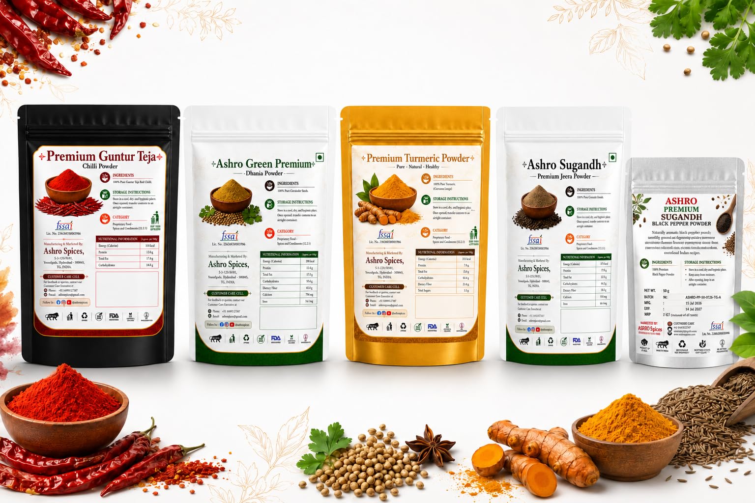ASHRO Premium Kitchen Spice Combo Pack (5 - in - 1) - 450g - (4x100g) & (1x50g) | Grounded Powders of : Guntur Teja Ghatudhar Red Chilli, Suvarna Gold Turmeric (Haldi), Sugandh Gold Coriander (Dhania), Sugandh Cumin (Jeera) & Black Pepper (Kali Mirch) Powder | Freshly Grounded at home | No Artificial Colors | Hygienically Packed-picture-10