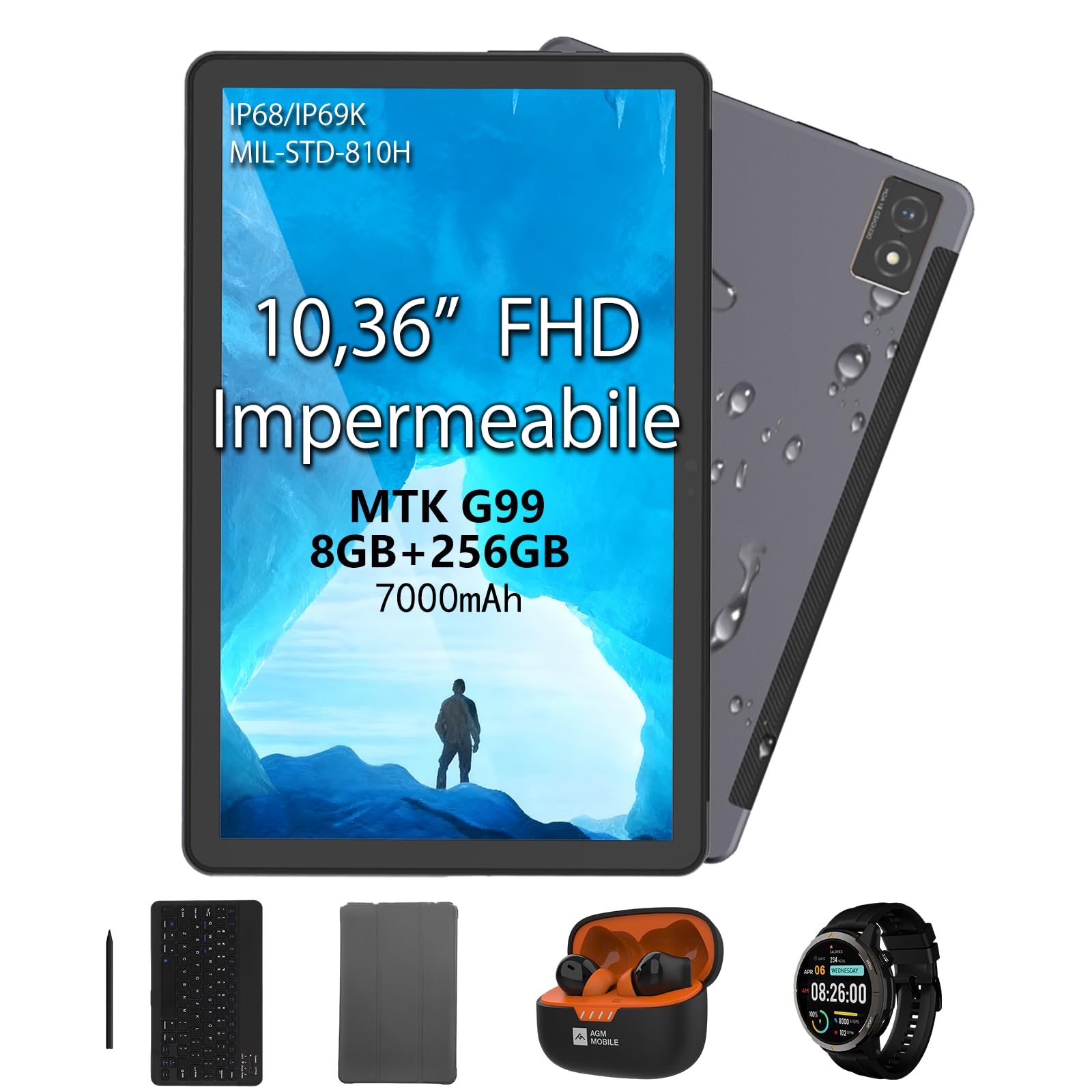 AGM PAD P1 Tablets PC, 10,36" 2K FHD IPS Android13 Rugged Tablet, 8GB+256GB/2TB TF, MTK G99, Doppi Altoparlanti BOX 1224, Batteria 7000mAh, Dual SIM 4G Tablet, Con Custodia e Tastiera