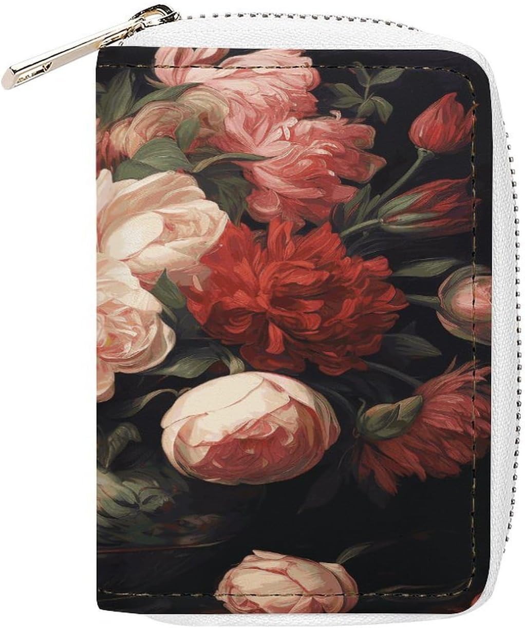 Bowl with Peonies And Rose Card Holder RFID Blocking,Credit Card Wallet for Women And Men,Card Case Organizer Bag with Zipper