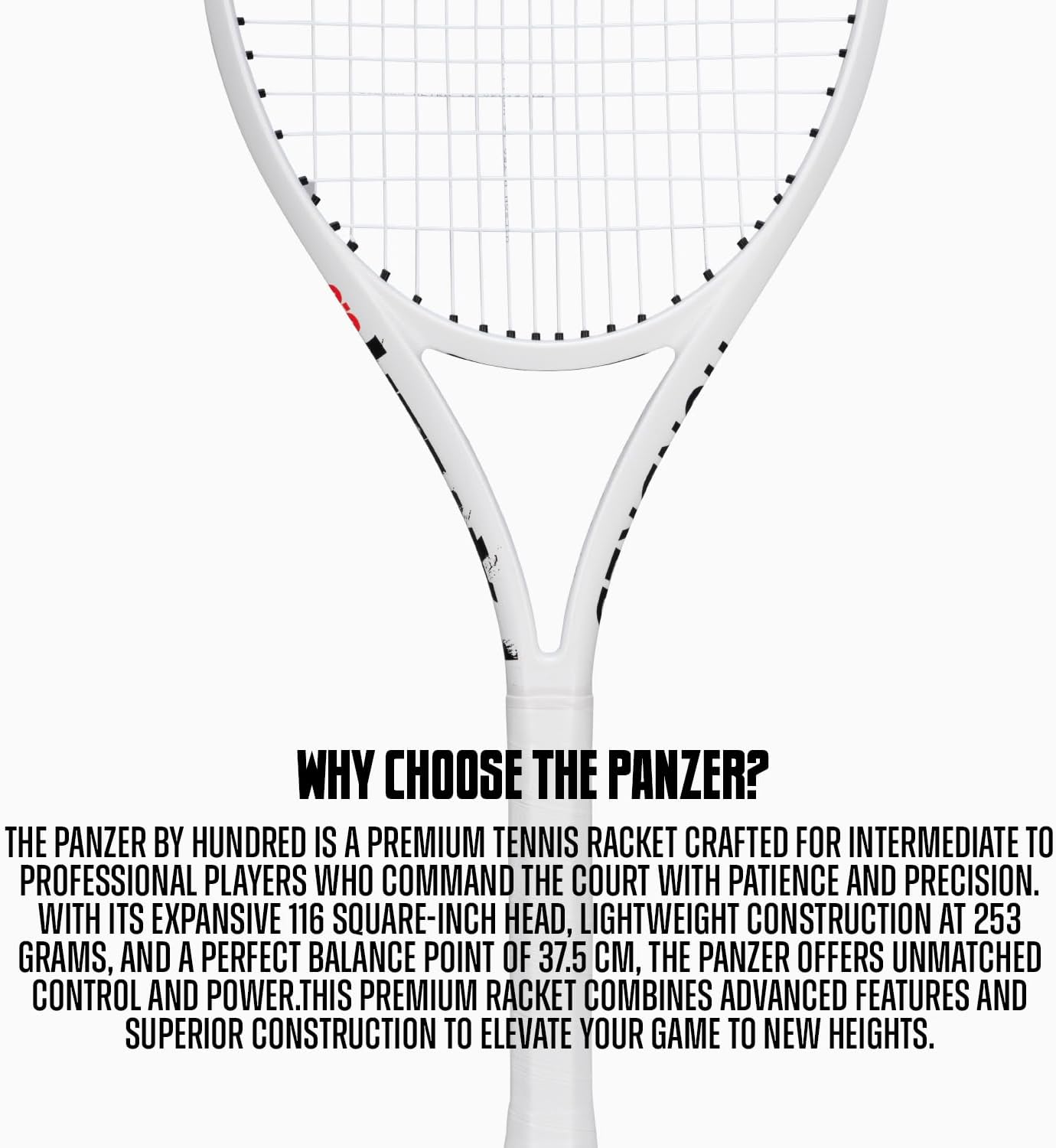 Hundred Panzer Strung Tennis Racket with Full Cover | 3 Points Head Heavy | Grip Size 2 (4 1/4 inches) | 253 grams