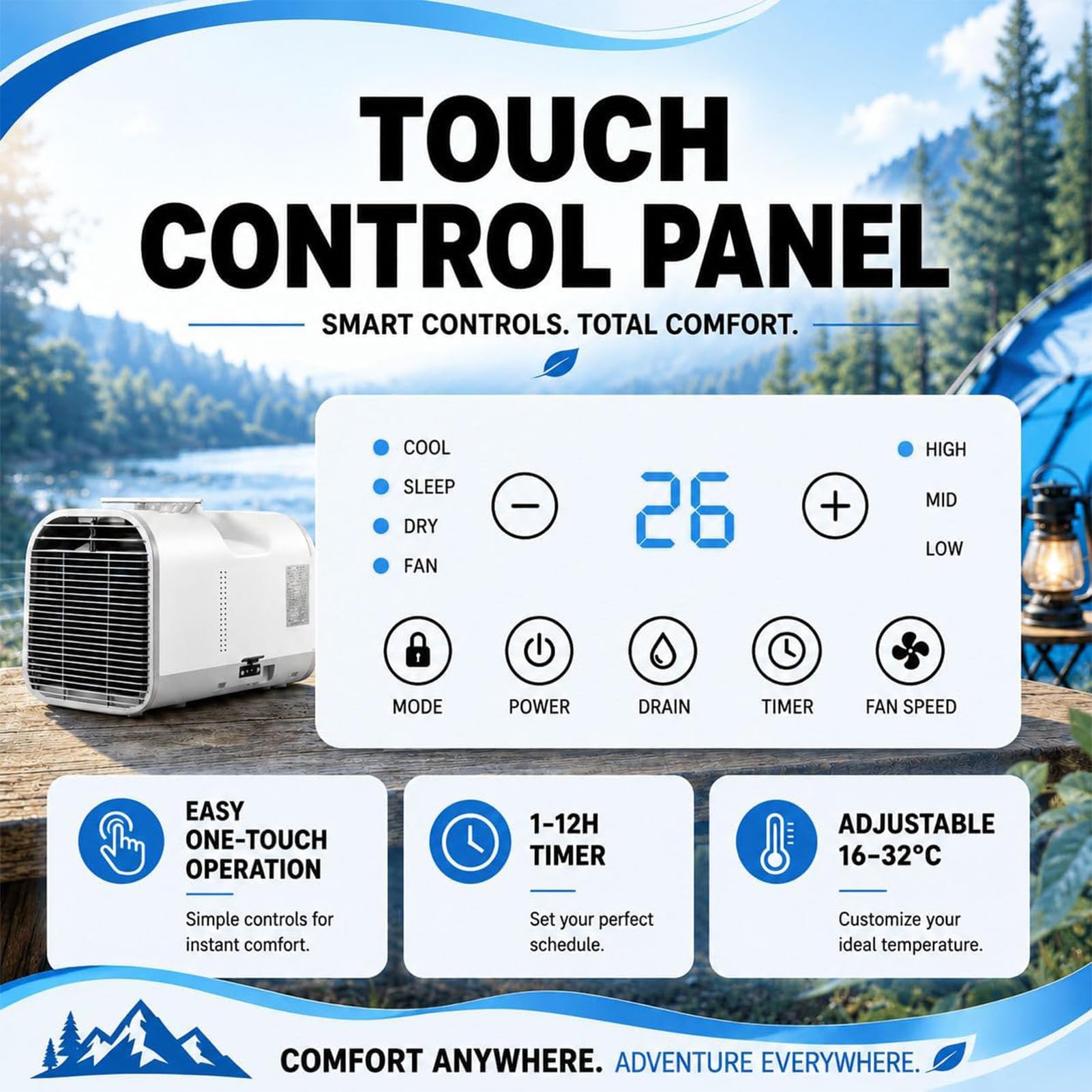 Aria Condizionata Portatile, Condizionatore Portatile per Camper 4400/5100BTU con 3 velocità Regolabili, Timer & Telecomando, 4-in-1 Deumidificatore, Condizionatore & Ventilatore