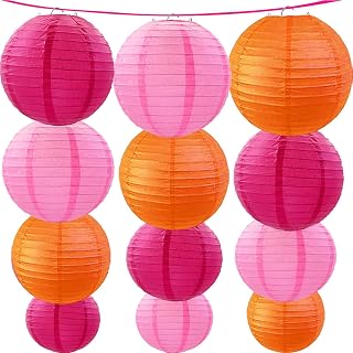 Hot Pink-Orange and Pink Paper Lanterns 12Pcs Hanging Lanterns for Birthday Party, Wedding, Home Decor, Baby Shower Festive Decoration