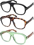 AMOMOMA 3 Pack Retro Blue Light Aviator Reading Glasses for Women Men,Oversized Large Computer Reader Frame AM6163