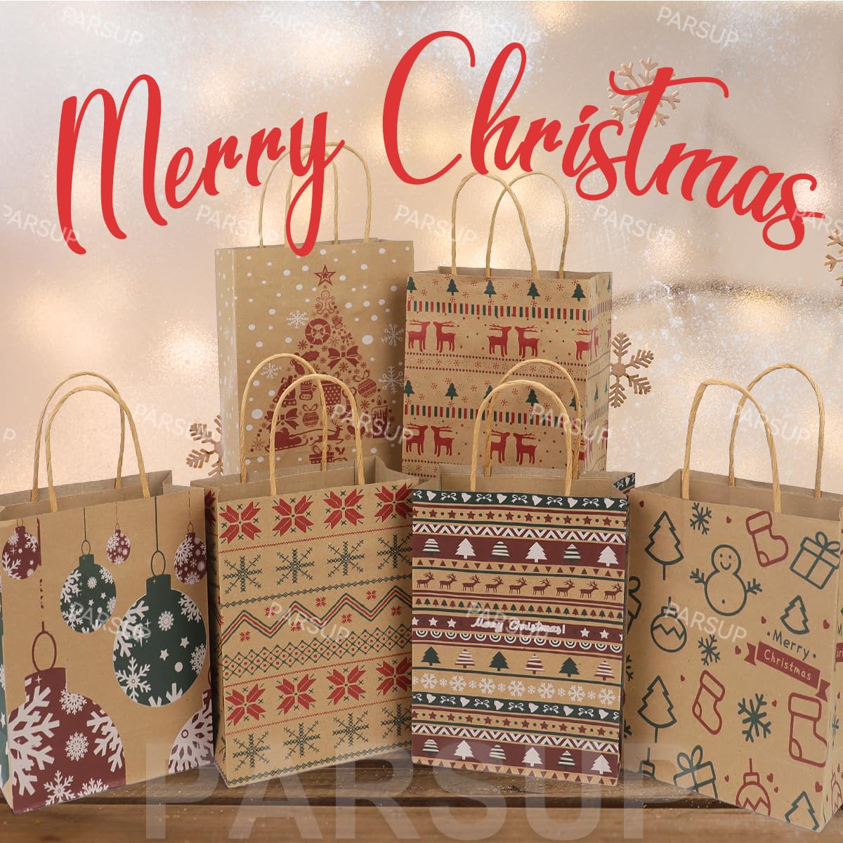 24 Pcs Large Christas Kraft Paper Gift Bags With Twine Handles 10.2