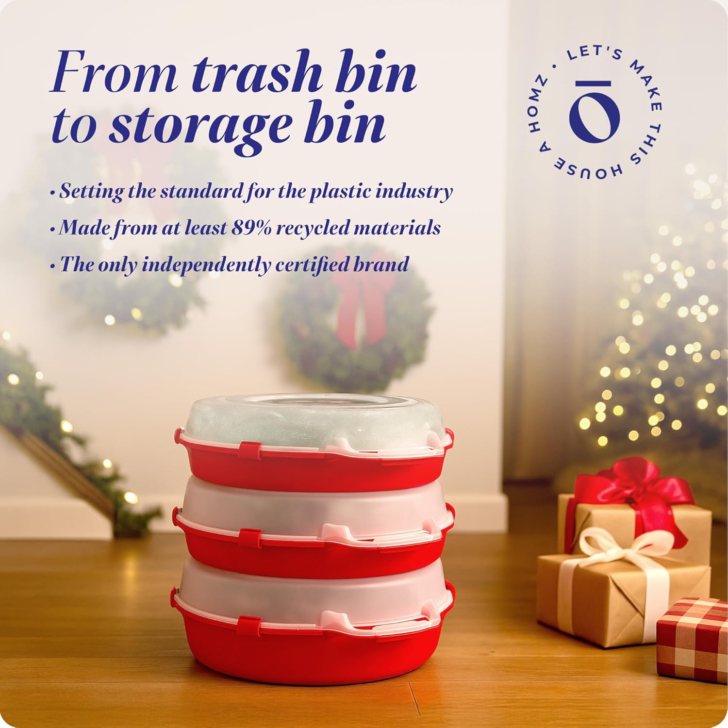 HOMZ 3-Pack 24 Inch Seasonal Holiday Clear Plastic Wreath Storage Containers, Red – Stackable Decoration Organizer Bins with Lids and Handles for Christmas Wreaths and Garlands