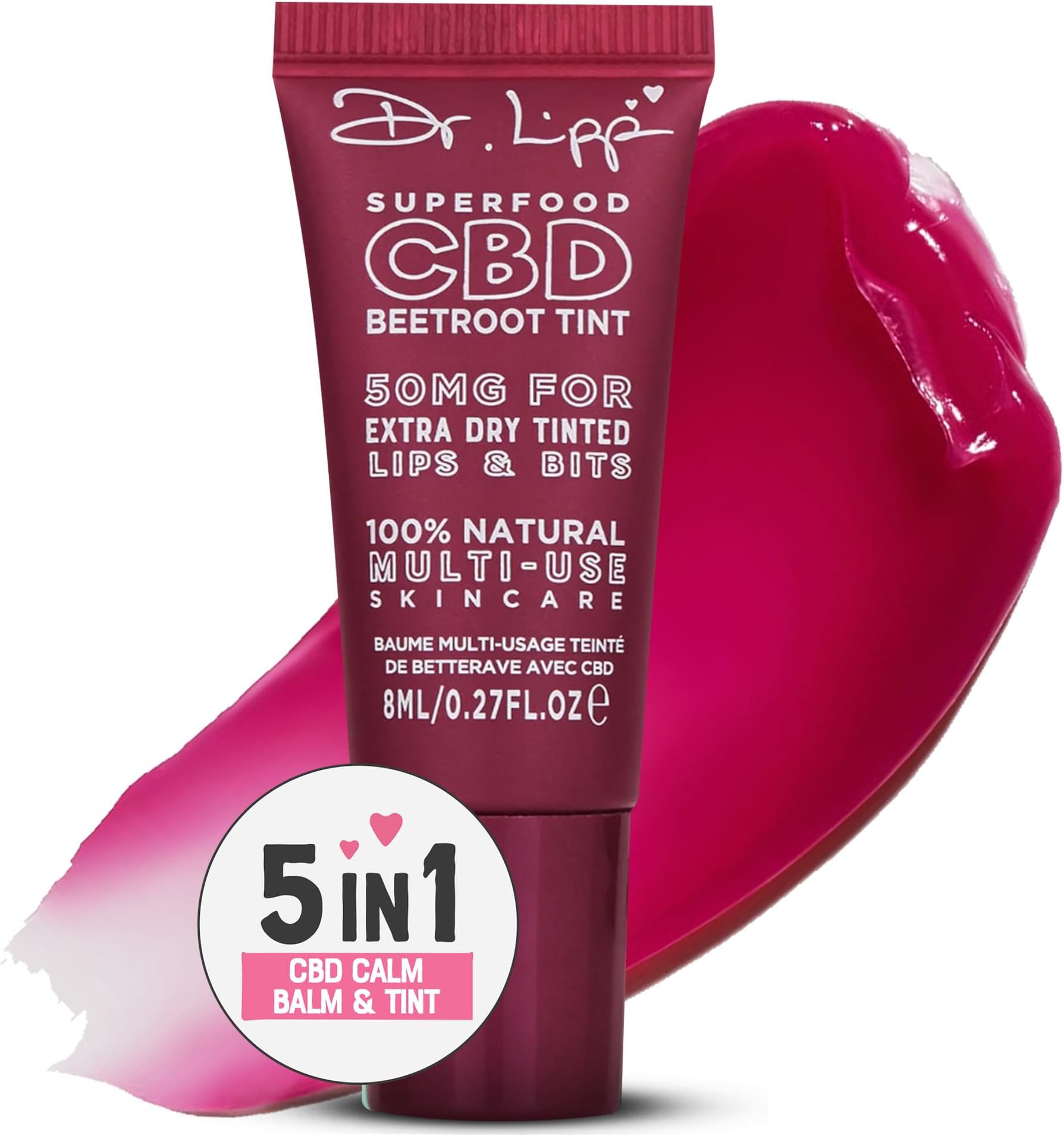 Dr. Lipp CBD Beetroot Tint 8ml โ 4-in-ONE Multi-Use Ultra Moisturising Lip Balm & Tint for Extra Dry Chapped Lips & Bits โ With 50mg Cannabidiol & 100% Natural Lanolin โ Fragrance & Cruelty Free