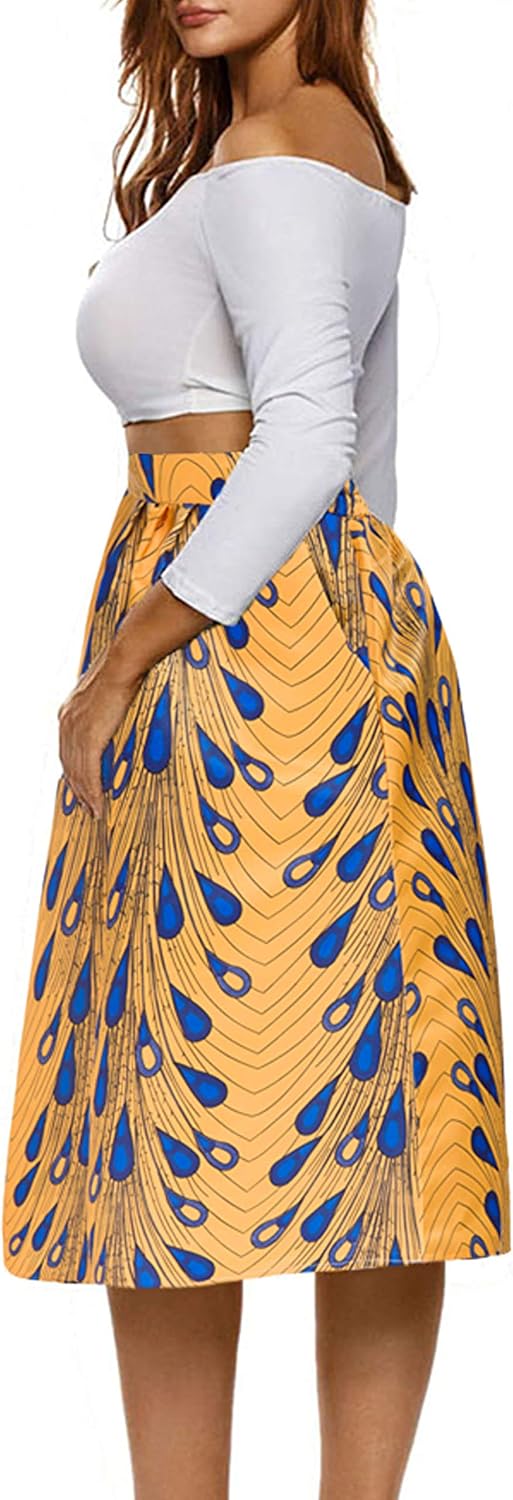 Afibi Womens African Print Skirt Boho Flare Pleated Midi Skirt with Pockets - Image 3