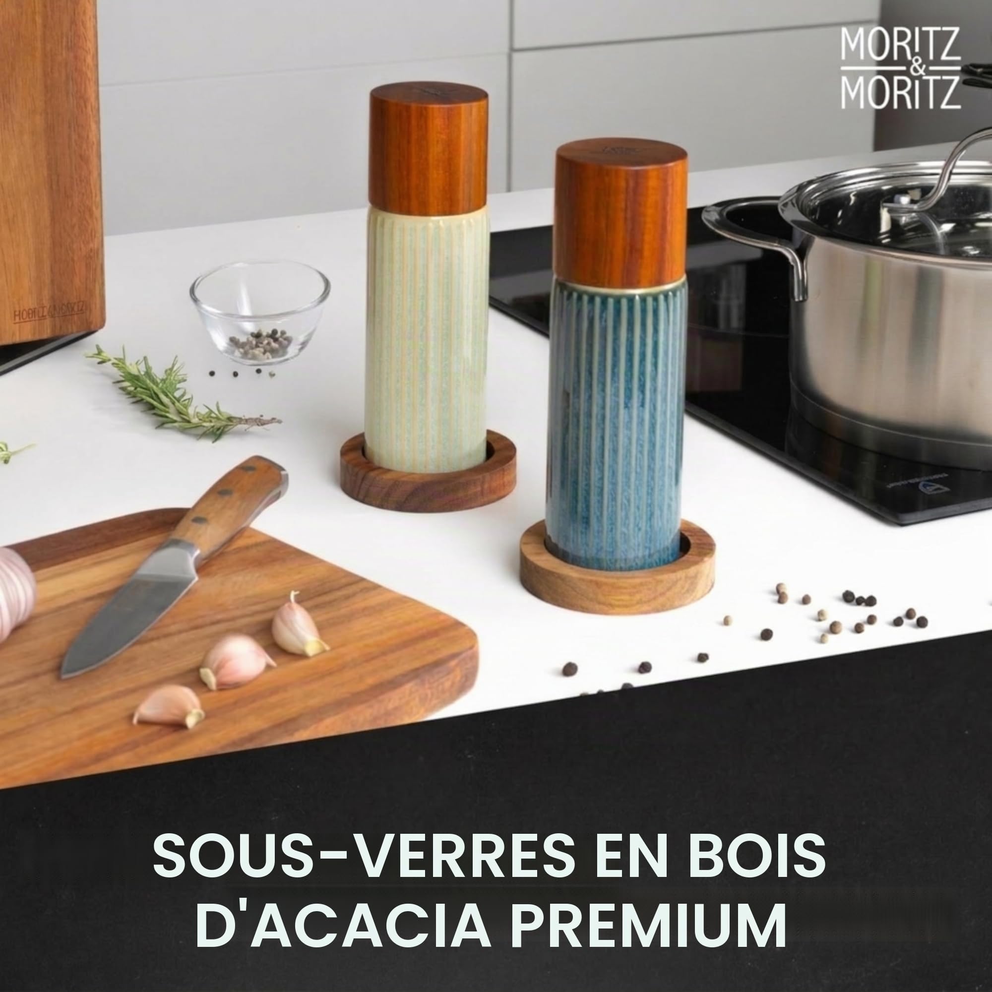 Moritz & Moritz PEPE Set de 2 Moulins à Épices Bleu/Vert – Moulins Sel et Poivre en Céramique, Bois d’Acacia & Grès, Réglage de Mouture, pour Sel, Poivre et Épices