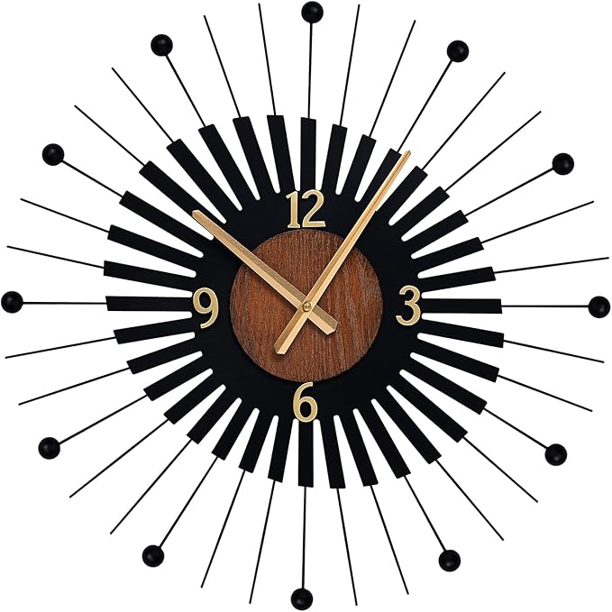Reloj de Pared Moderno 22 pulgadas, Metal Negro y Centro de Madera miniatura 8