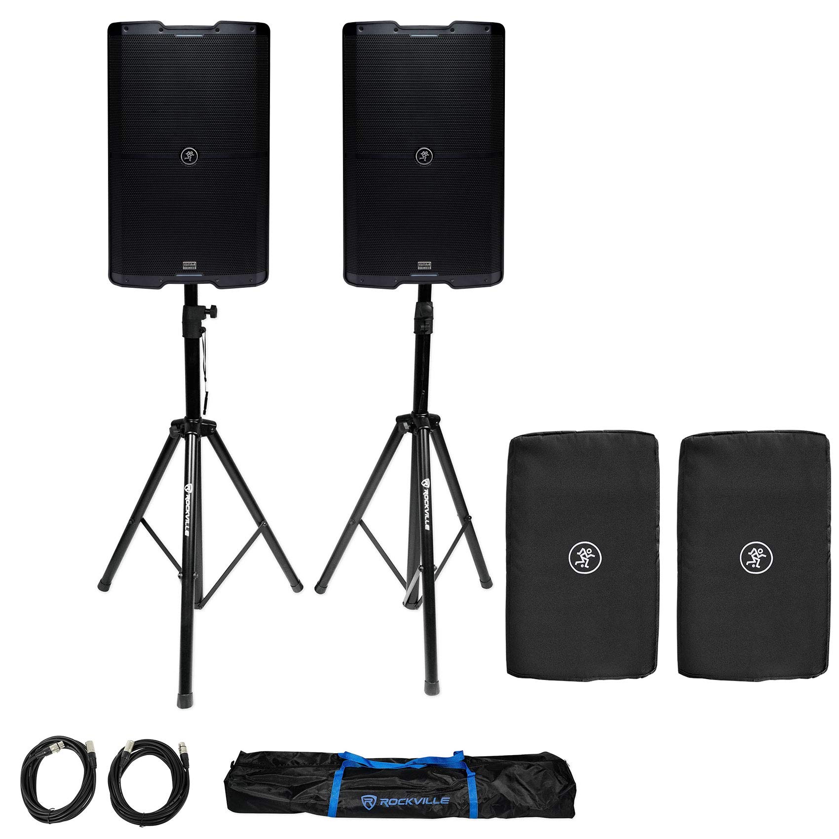 Audiosavings Bundle: (2) Mackie SRM215 V-Class 15 2000 Watt Powered Active PA DJ Speaker Bundle with (1) Pair of Rockville Tripod Speaker &amp; (2) Mackie SRM215 Cover Speaker Cover (6 Items)