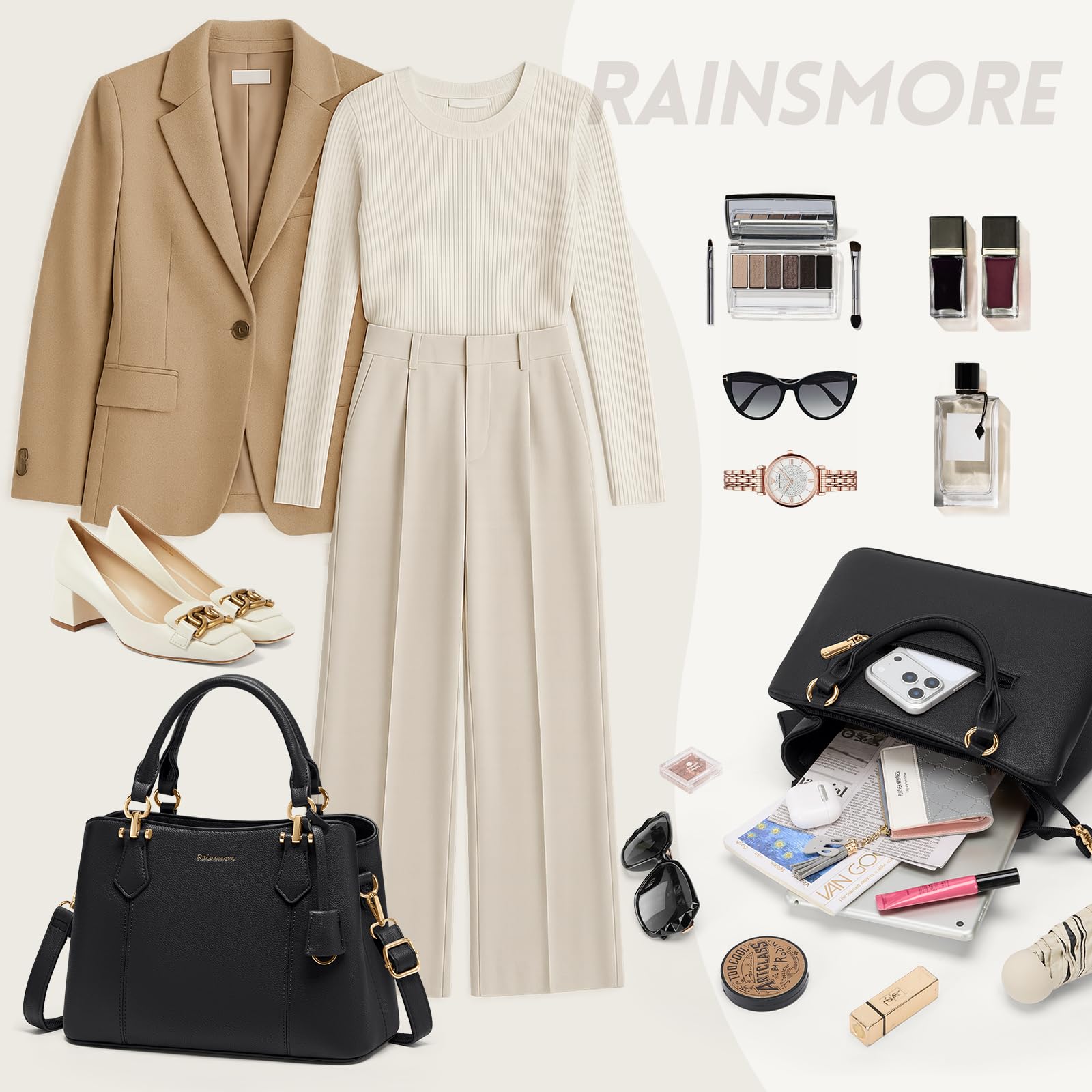 RAINSMORE Handtasche Damen Mittelgroß PU Leder Damenhandtaschen Klein Henkeltaschen Damen Umhängetasche Tasche Damen Tote Bag Schultertaschen Schwarz