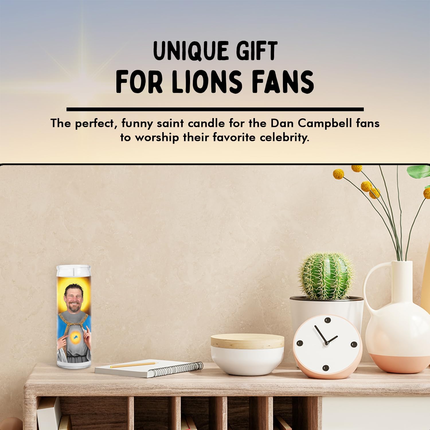 Coach Dan Campbell Celebrity Glass Jar Candle – Unscented Handmade Soy Wax Votive Candle – Unique Gift for Lion Fans – Home Decor Detroit MI Sports Collectible