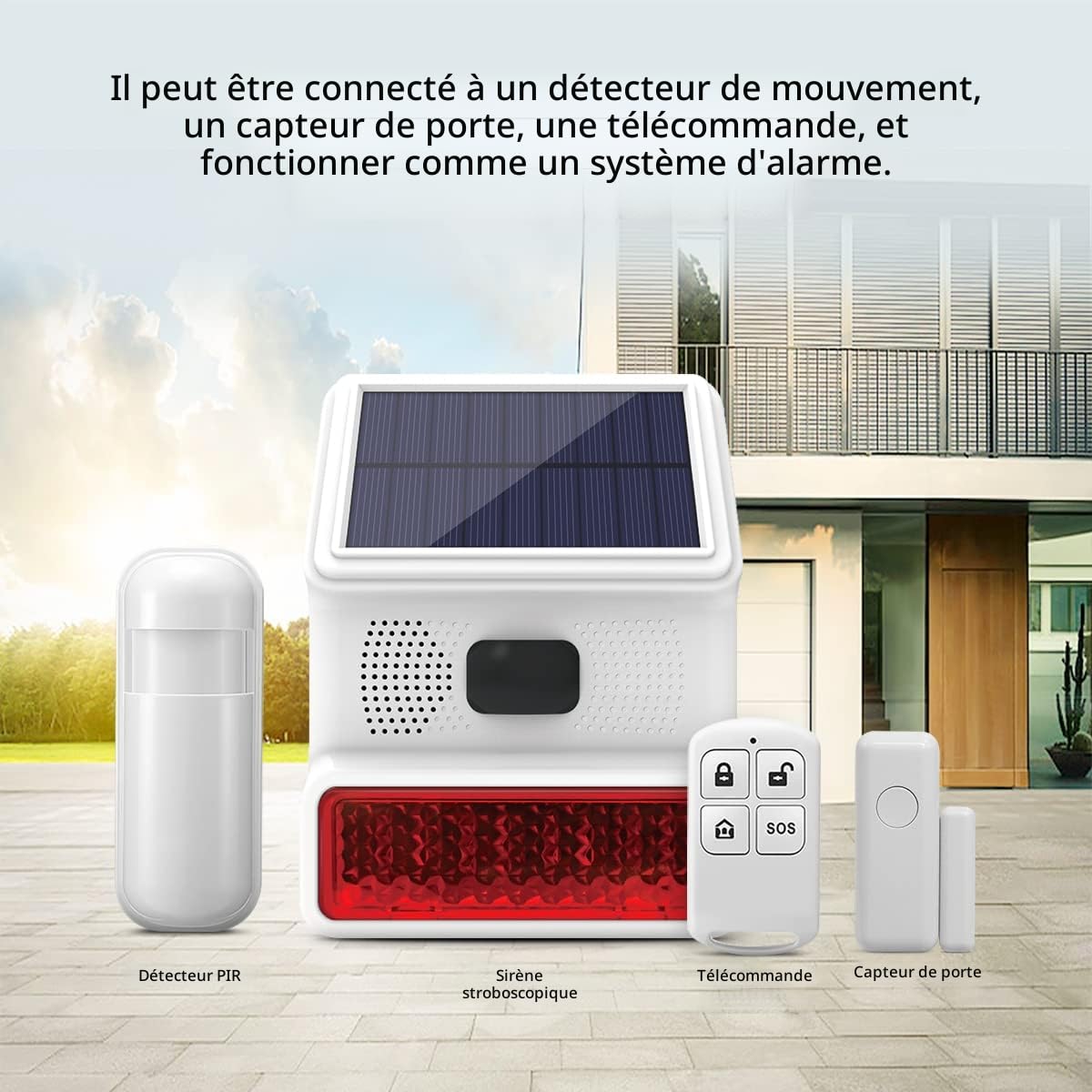 Sirène d'alarme, sirène extérieure Solaire avec lumière Clignotante LED de 110 DB Compatible avec Le système d'alarme pour la Maison, la Ferme, la Grange, la Villa, la Cour, Le Jardin (PE-520)