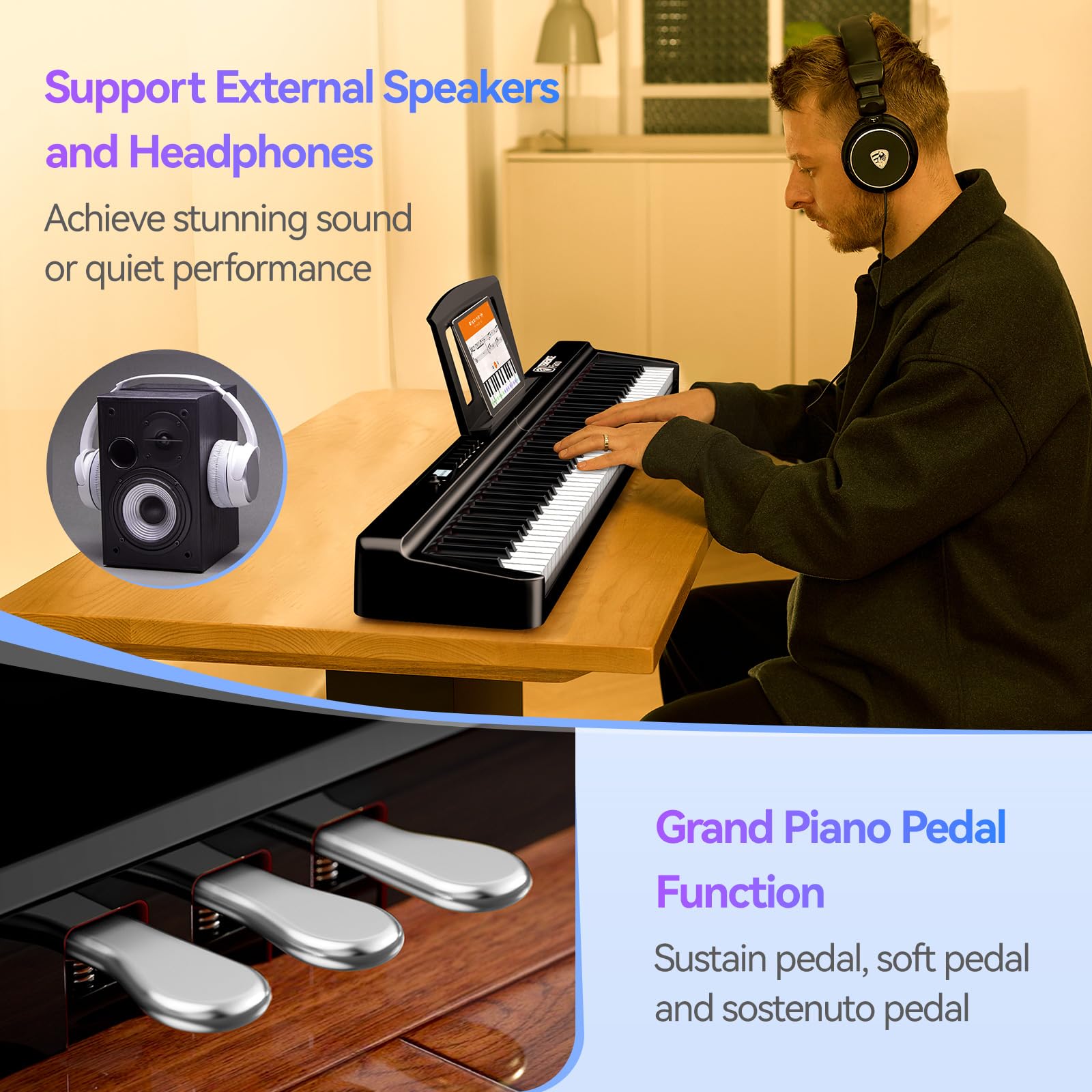 TERENCE pianoforte digitale 88 tasti pesati pieghevole con batteria da 2000 mAh supporto audio Bluetooth MIDI USB con altoparlante da 2 x 25W supporto per leggio