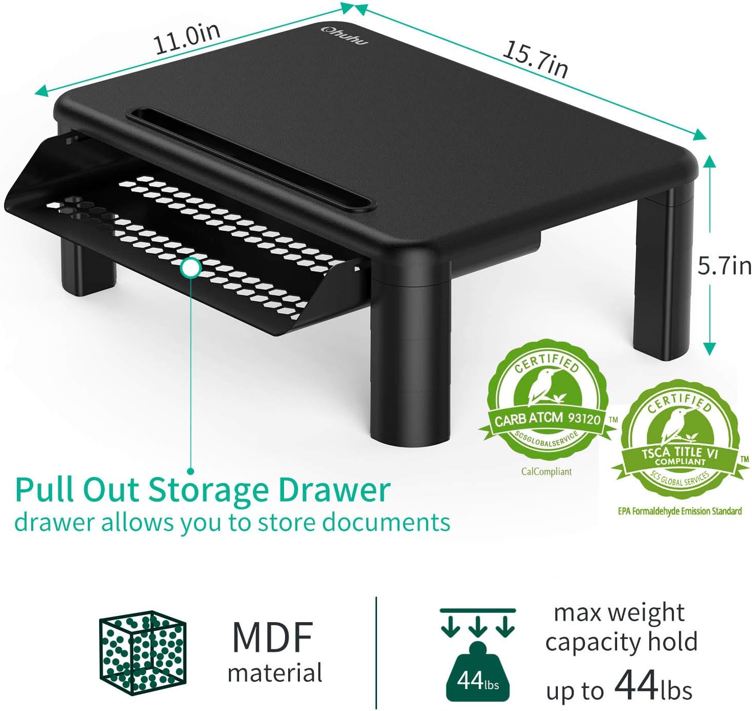 2 Pack Adjustable Monitor Stand Riser - 3 Height Adjustable Computer Monitor Riser with Storage Drawer, Phone Holder for Desk, iMac, Laptop, Printer, Notebook, Computer - for Home & Office Use, Black