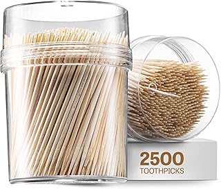 Prestee 2500ct Wooden Toothpicks + Reusable Toothpick Holder Container, Light Wood - Sturdy Smooth Finish Bamboo Tooth Picks for Teeth, Party Cocktail Picks, Toothpicks for Appetizers, 100% Natural