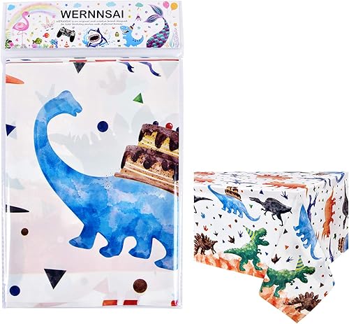 Vista 7 de WERNNSAI 1 mantel de dinosaurio – Decoración de cumpleaños de dinosaurios Tres Rex, mantel de dinosaurio para niños, baby shower, suministros