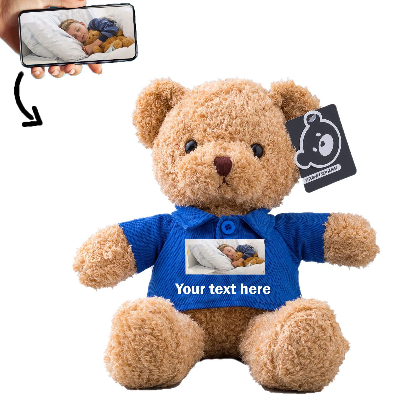 Personalised Teddy Bear with Customised Text+Image, Name or Date, Bear Stuffed Animal Plush Toys as Personalised Gifts for Christmas/Birthday/Valentines' Day/Anniversary (16 inch-Short Sleeve-Blue) — image 1